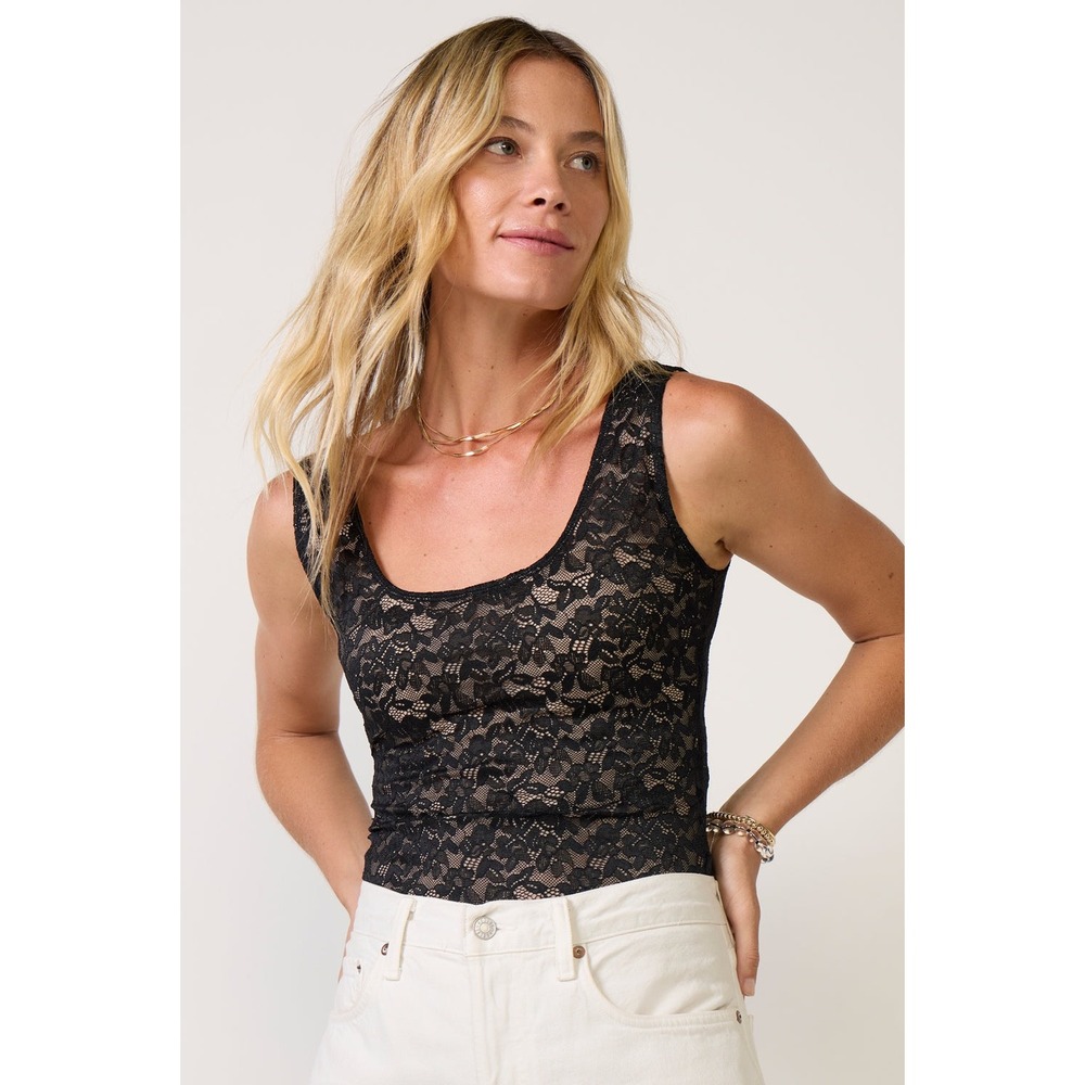 Good American Lace Tank Top Black GT0750 Nude Lining Scoop Neck Womens Large NEW